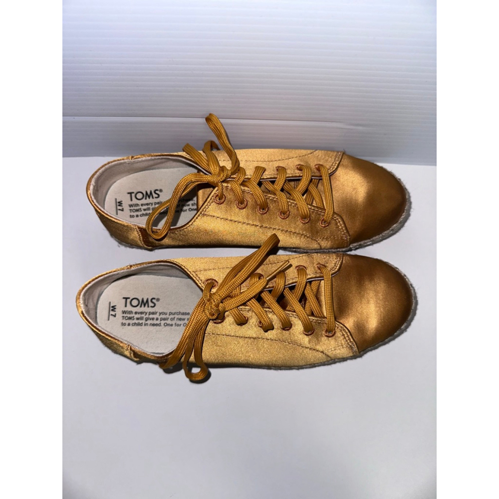 Women's TOMS Gold Satin Espadrille Sneakers US 7 with Beige Jute Sole - Picture 13 of 16